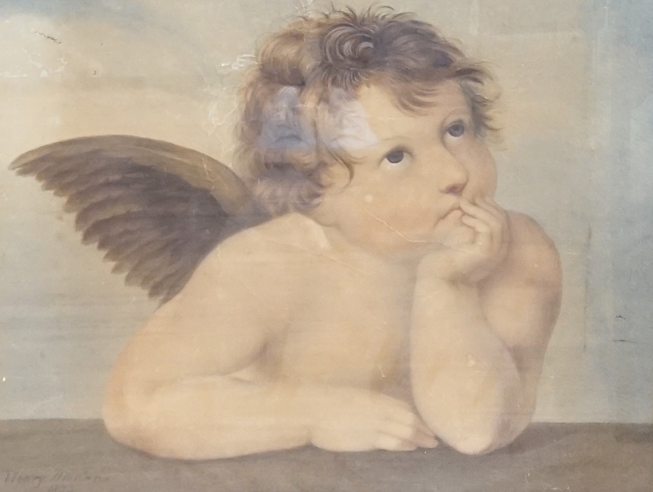 Mary Morland after Raphael, watercolour, study of an angel, signed and dated 1823, 42 x 53cm (a.f.), maple framed
